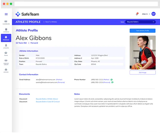 Athlete profile page of safe team web app